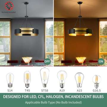 Avzkcy 26-Inch Modern Chandelier Industrial Black and Gold Light Fixture Large Drum Pendant Lighting for Dining Room Kitchen Living Room Foyer Height Ajustable 5-Light