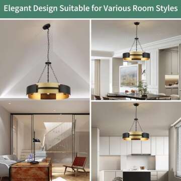 Avzkcy 26-Inch Modern Chandelier Industrial Black and Gold Light Fixture Large Drum Pendant Lighting for Dining Room Kitchen Living Room Foyer Height Ajustable 5-Light