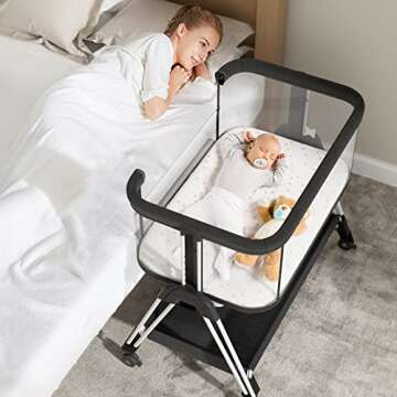 Fodoss Baby Bassinet Bedside Sleeper with Wheels and Storage Tray,4-Sided Mesh Bedside Bassinet for ...