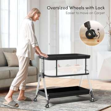 Fodoss Baby Bassinet Bedside Sleeper with Wheels and Storage Tray,4-Sided Mesh Bedside Bassinet for Infant/Newborn,7 Height Adjustable Easy Folding Bedside Crib