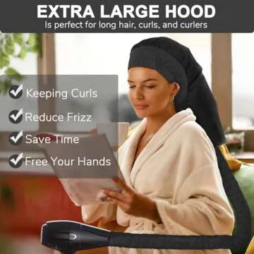 Hair Dryer Bonnet, Large Bonnet Hooded Hair Dryer Attachment for Speeds Up Drying Time & Deep Conditioning, Fits All Head Sizes & All Hair Styling, for Women Long Curly Braid Hair (Black, Large)