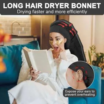 Hair Dryer Bonnet, Large Bonnet Hooded Hair Dryer Attachment for Speeds Up Drying Time & Deep Conditioning, Fits All Head Sizes & All Hair Styling, for Women Long Curly Braid Hair (Black, Large)