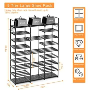 Kottwca 9-Tier Metal Shoe Rack Organizer for 50-55 Pairs - Space Saving Shoe Storage Shelf for Entryway, Closet, Bedroom, Hallway