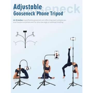 Nineigh Phone Tripod, 85" Tripod for Cell Phone iPhone with Gooseneck, Aluminum Tripod Stand for Vid...