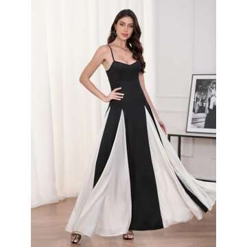 Women's Sexy Sleeveless Dress Low Cut Black & White Panelled Maxi Skirt High Waist Tight A-Line Flowing Slip Dress
