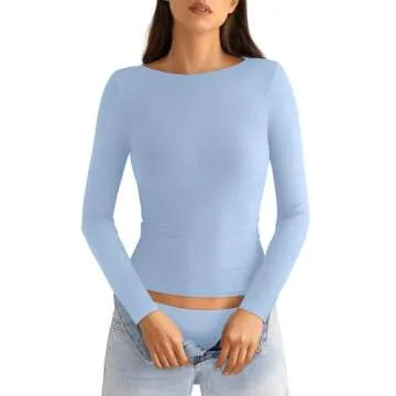 EasyGala Boat Neck Cotton Long Sleeve Shirts for Women Basic Going Out Stretchy Slim Fit Y2k Crop To...