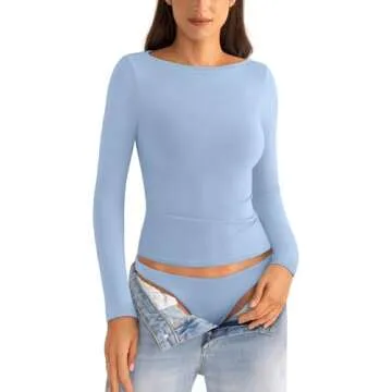 EasyGala Boat Neck Cotton Long Sleeve Shirts for Women Basic Going Out Stretchy Slim Fit Y2k Crop Tops for Spring Fall Tight Fitted Tops Fashion Trendy Undershirt 2024 Light Baby Blue