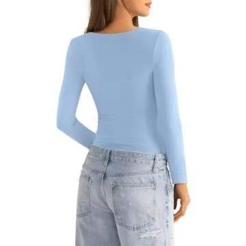 EasyGala Boat Neck Cotton Long Sleeve Shirts for Women Basic Going Out Stretchy Slim Fit Y2k Crop Tops for Spring Fall Tight Fitted Tops Fashion Trendy Undershirt 2024 Light Baby Blue