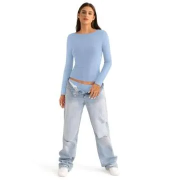EasyGala Boat Neck Cotton Long Sleeve Shirts for Women Basic Going Out Stretchy Slim Fit Y2k Crop Tops for Spring Fall Tight Fitted Tops Fashion Trendy Undershirt 2024 Light Baby Blue