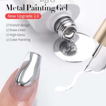 BORN PRETTY Metallic Painting Gel Silver Painted Gel Nail Polish 3D Metal Painting Gel Drawing Mirror Nail Gel Polish Glossy Soak Off DIY Nail Art Manicure Vanish 10ML