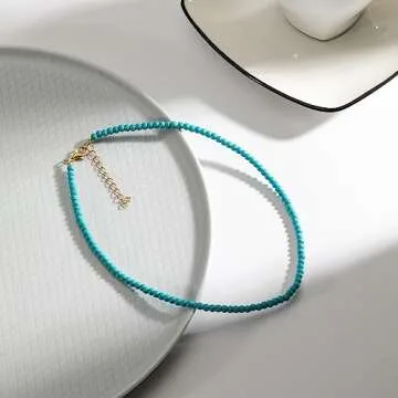 Mixcbe Boho Turquoise Beads Choker Necklace for Women Dainty Turquoise Beaded Necklaces Handmade Gemstone Adjustable Necklaces Turquoise Jewelry Summer Beach Necklace 15’’