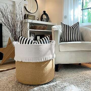 CherryNow Large Woven Storage Baskets – 16'' x 16'' Cotton and Jute Rope Decorative Hamper for Nursery, Toys, Blankets, and Laundry, Cute Tassel Nursery Decor - Home Storage Container