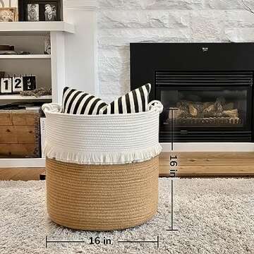 CherryNow Large Woven Storage Baskets – 16'' x 16'' Cotton and Jute Rope Decorative Hamper for Nursery, Toys, Blankets, and Laundry, Cute Tassel Nursery Decor - Home Storage Container