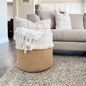 CherryNow Large Woven Storage Baskets – 16'' x 16'' Cotton and Jute Rope Decorative Hamper for Nursery, Toys, Blankets, and Laundry, Cute Tassel Nursery Decor - Home Storage Container