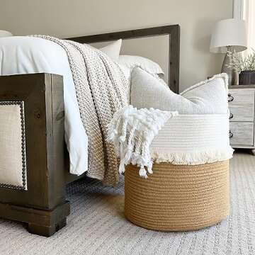 CherryNow Large Woven Storage Baskets – 16'' x 16'' Cotton and Jute Rope Decorative Hamper for Nursery, Toys, Blankets, and Laundry, Cute Tassel Nursery Decor - Home Storage Container