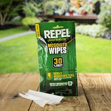 Repel Insect Repellent Mosquito Wipes, Repels Mosquitoes, Ticks, Gnats and Other Listed Pests, 30% DEET (15 Wipes) Travel Sized