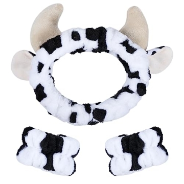 Miroksh Plush Wash Face Headband Cow Print Spa Wrist Band Cuffs Hair Scrunchy Women Girls Facial Mak...