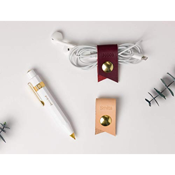 KEYAIIRA - Small Personalized Leather Ear Bud Cord Holder with Gold Snap Closure - earphone wrap charging cable keeper customized wire organizer monogram gift ideas tech and travel accessories