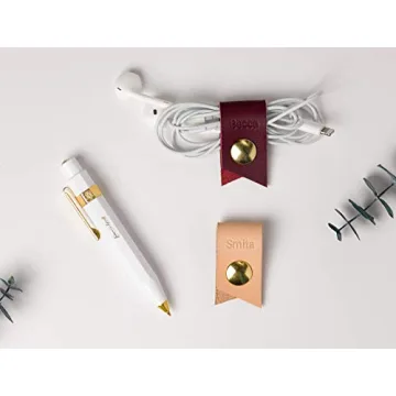 KEYAIIRA - Small Personalized Leather Ear Bud Cord Holder with Gold Snap Closure - earphone wrap charging cable keeper customized wire organizer monogram gift ideas tech and travel accessories