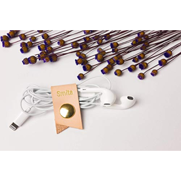 KEYAIIRA - Small Personalized Leather Ear Bud Cord Holder with Gold Snap Closure - earphone wrap charging cable keeper customized wire organizer monogram gift ideas tech and travel accessories
