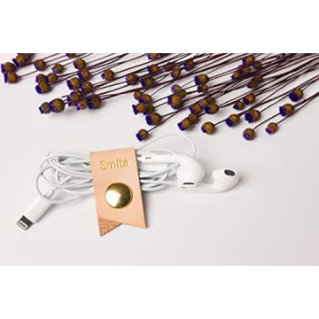 KEYAIIRA - Small Personalized Leather Ear Bud Cord Holder with Gold Snap Closure - earphone wrap charging cable keeper customized wire organizer monogram gift ideas tech and travel accessories