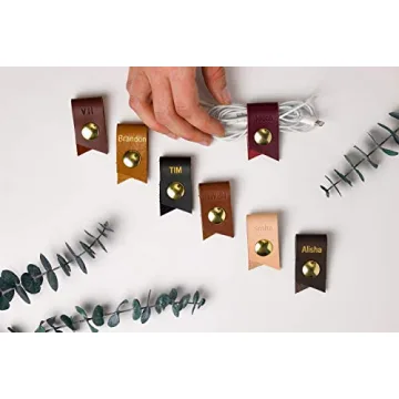 KEYAIIRA - Small Personalized Leather Ear Bud Cord Holder with Gold Snap Closure - earphone wrap charging cable keeper customized wire organizer monogram gift ideas tech and travel accessories