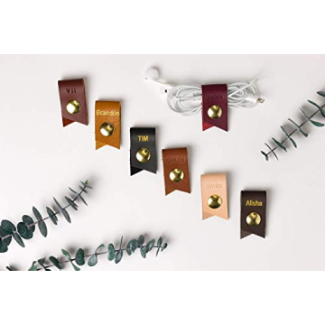 KEYAIIRA - Small Personalized Leather Ear Bud Cord Holder with Gold Snap Closure - earphone wrap charging cable keeper customized wire organizer monogram gift ideas tech and travel accessories