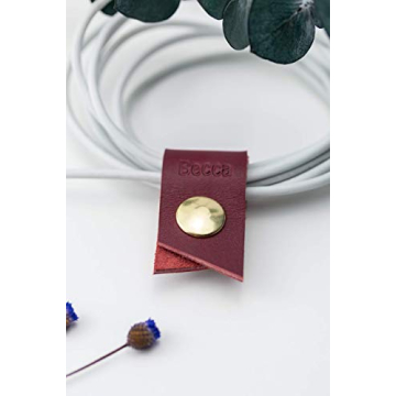 KEYAIIRA - Small Personalized Leather Ear Bud Cord Holder with Gold Snap Closure - earphone wrap charging cable keeper customized wire organizer monogram gift ideas tech and travel accessories