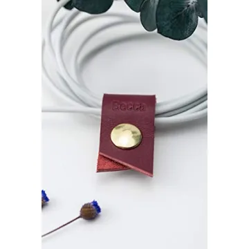 KEYAIIRA - Small Personalized Leather Ear Bud Cord Holder with Gold Snap Closure - earphone wrap charging cable keeper customized wire organizer monogram gift ideas tech and travel accessories