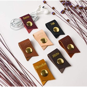 KEYAIIRA - Small Personalized Leather Ear Bud Cord Holder with Gold Snap Closure - earphone wrap charging cable keeper customized wire organizer monogram gift ideas tech and travel accessories