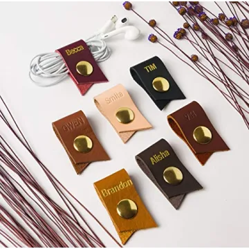 KEYAIIRA - Small Personalized Leather Ear Bud Cord Holder with Gold Snap Closure - earphone wrap charging cable keeper customized wire organizer monogram gift ideas tech and travel accessories