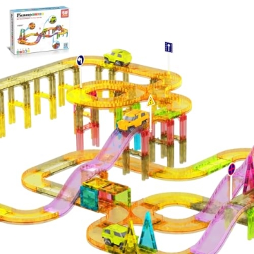 PicassoTiles 60pc Race Car Track Magnetic Tiles Travel Toy Sensory Magnet Tile Toys for Toddlers STE...