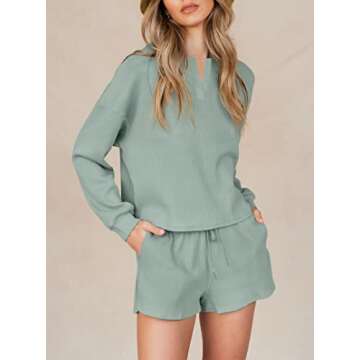 Lingswallow Women Waffle Lounge Sets - Long Sleeve and Shorts Pajama Set Two Piece Outfits for Women Sweatsuits loungewear