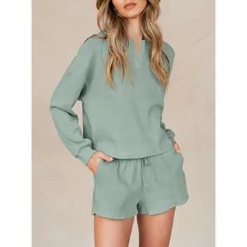 Lingswallow Women Waffle Lounge Sets - Long Sleeve and Shorts Pajama Set Two Piece Outfits for Women Sweatsuits loungewear