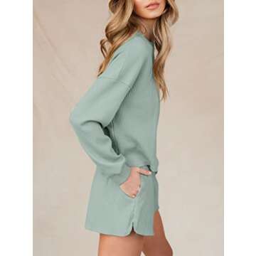 Lingswallow Women Waffle Lounge Sets - Long Sleeve and Shorts Pajama Set Two Piece Outfits for Women Sweatsuits loungewear