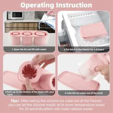 Fu Store Ice Cube Tray for Tumbler Cup 30-40 oz Tumbler 3pcs Silicone Ice Cube Molds With Lid and Bin for Chilling Cocktails Whiskey Drinks Juice Coffee Easy Fill and Release Ice Maker (Pink，40 oz)