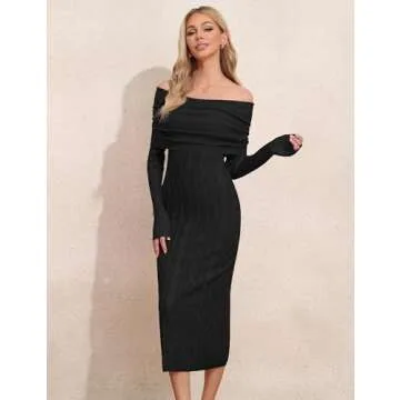 ninovino Women's Elegant Sweater Dress Sexy Fold Over Off Shoulder Dress Long Sleeve Midi Party Dresses Black S