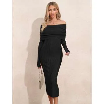 ninovino Women's Elegant Sweater Dress Sexy Fold Over Off Shoulder Dress Long Sleeve Midi Party Dresses Black S