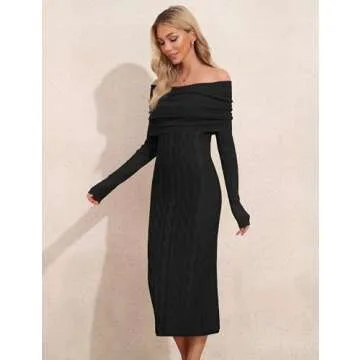 ninovino Women's Elegant Sweater Dress Sexy Fold Over Off Shoulder Dress Long Sleeve Midi Party Dresses Black S
