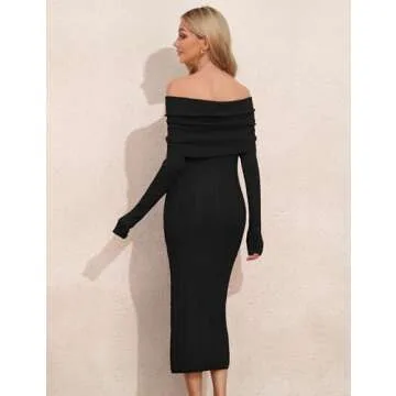 ninovino Women's Elegant Sweater Dress Sexy Fold Over Off Shoulder Dress Long Sleeve Midi Party Dresses Black S