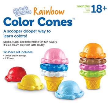 Learning Resources Smart Snacks Rainbow Color Cones - 12 Pieces, Ages 18+ months Toddler Pretend Play Toys, Fine Motor Skills Toys, Preschool Learning Toys