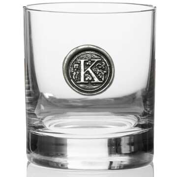 English Pewter Company 11oz Old Fashioned Whiskey Rocks Glass With Monogram Initial - Unique Gifts For Men - Personalized Gifts With Your Choice of Initial (K) MON111