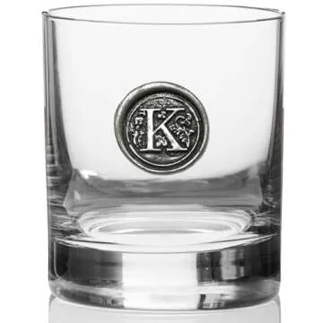 English Pewter Company 11oz Old Fashioned Whiskey Rocks Glass With Monogram Initial - Unique Gifts For Men - Personalized Gifts With Your Choice of Initial (K) MON111