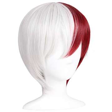 ColorGround Half Silver White Half Red Cosplay Wig for Halloween