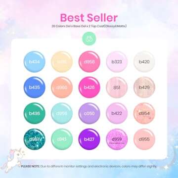 Beetles Gel Nail Polish Set-20 Colors Hot Pink Purple Shimmer Green Unicorn Bright Glitter Manicure Collection Gel Polish Kit with Base Matte Glossy Top Coat