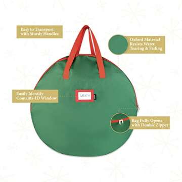 Masirs Christmas Wreath Storage Bag- 2-Pack - Durable Fabric Material, Zippered, Reinforced Handle and Easy to Slip The Wreath in and Out. (Green)