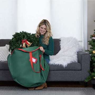 Masirs Christmas Wreath Storage Bag- 2-Pack - Durable Fabric Material, Zippered, Reinforced Handle and Easy to Slip The Wreath in and Out. (Green)