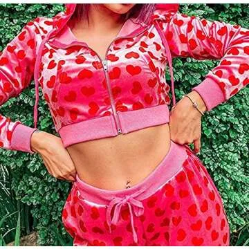 NUFIWI Pink Heart Print Velvet Crop Hoodie for Women
