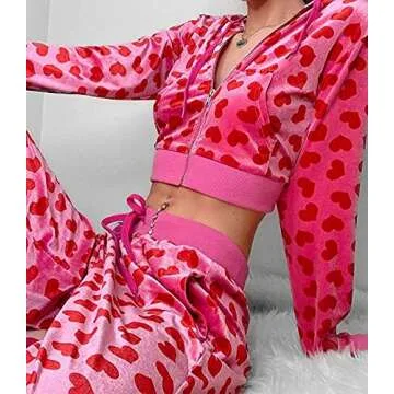 NUFIWI Pink Heart Print Velvet Crop Hoodie for Women