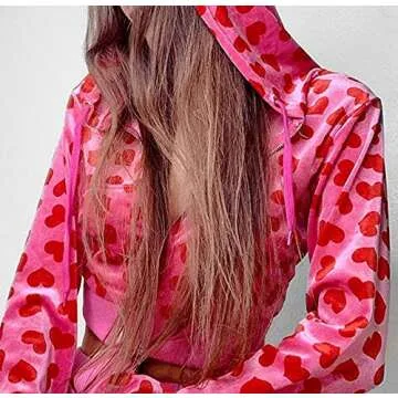 NUFIWI Pink Heart Print Velvet Crop Hoodie for Women